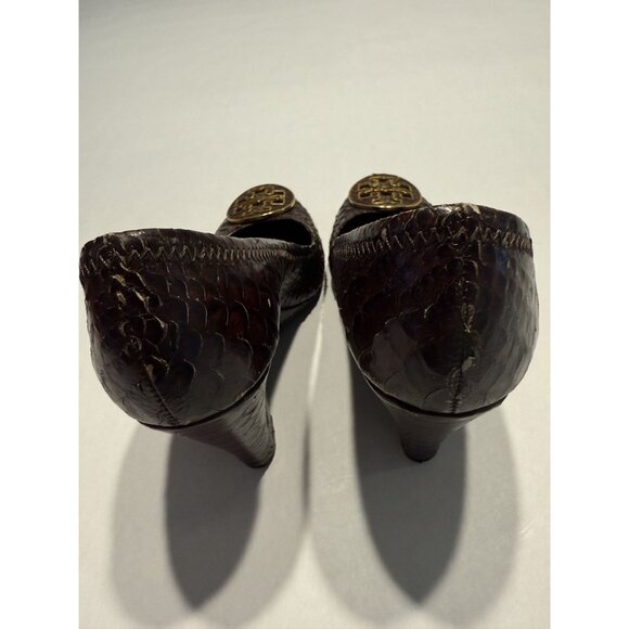Tory Burch Sophie Wedge Chocolate Brown Leather Snakeskin Wedges Women's 7.5 - Picture 5 of 12